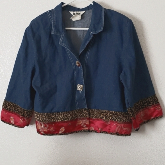 Nina Piccalino Cropped Denim Jacket w/Leopard & Asian Floral Trim Size 12 - Picture 1 of 7